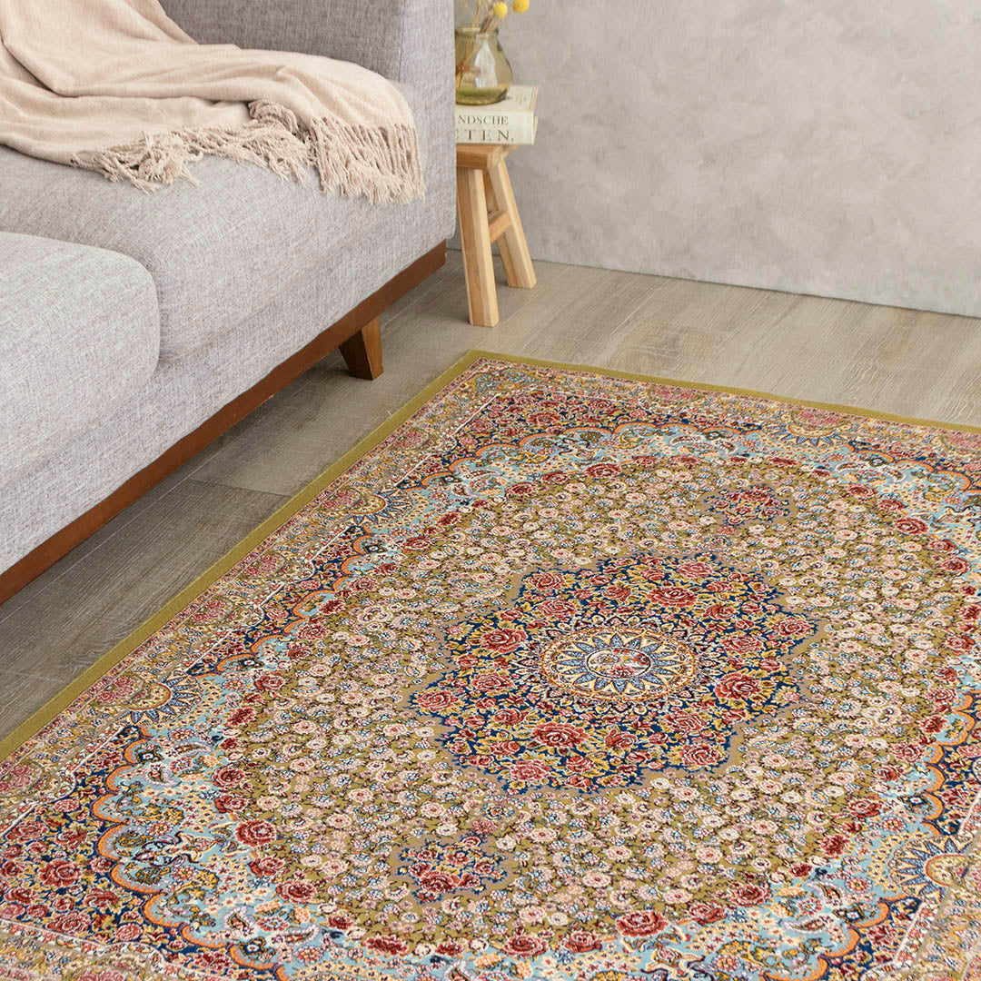 ペルシャ絨毯（機械織） ローズ柄 グリーン 100×150cm – Persiadirect
