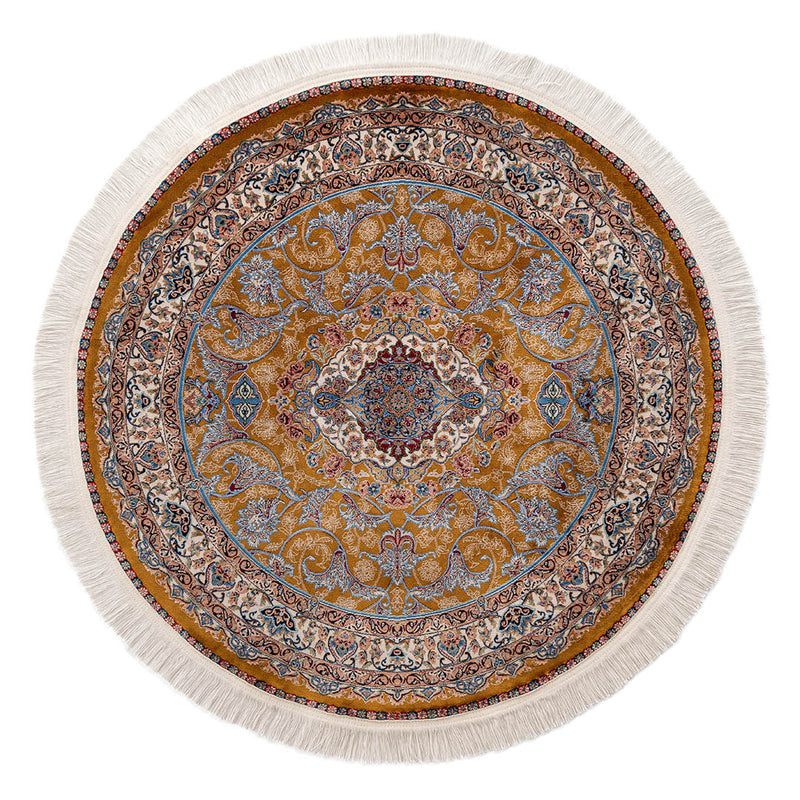 ペルシャ絨毯　バンブーシルク　円形ラグ　イエロー　直径約100cm