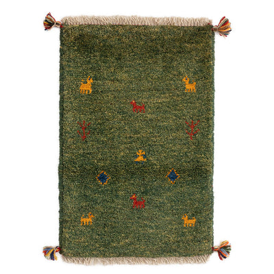 グリーンのペルシャ手織りギャッベ絨毯40x60cmサイズ。商品写真
