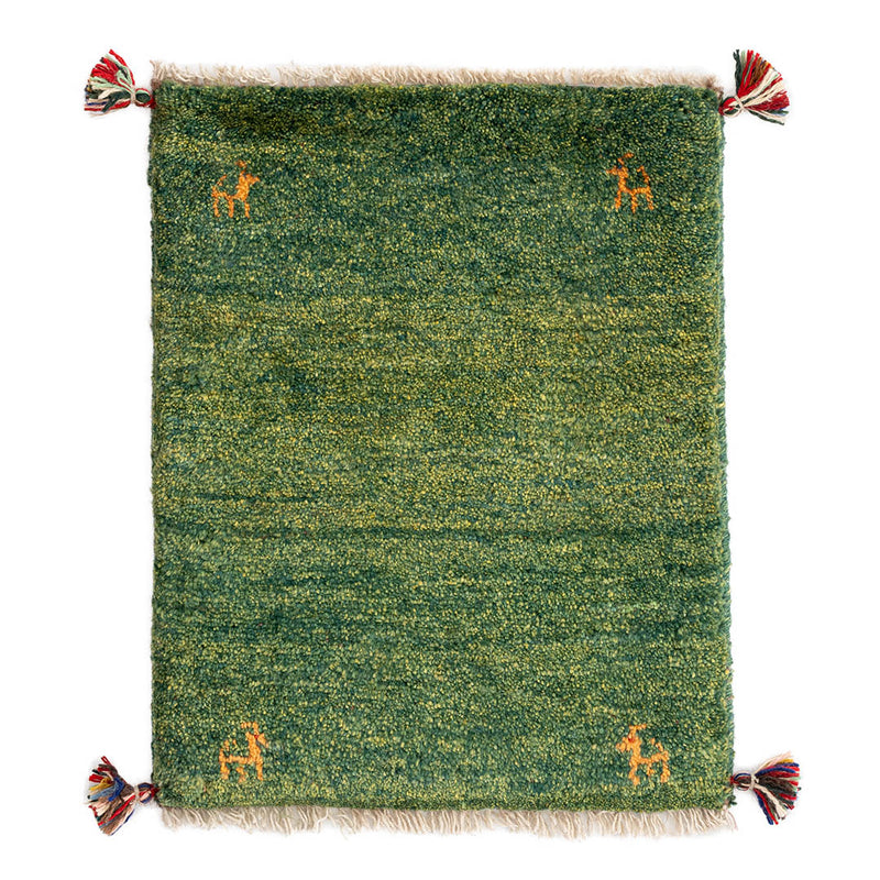 グリーンのペルシャ手織りギャッベ絨毯40x60cmサイズ。商品写真