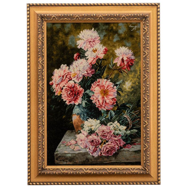 ペルシャ手織り絨毯　ウール＆シルク　ピクチャー　タブリーズ　額縁54×73cm