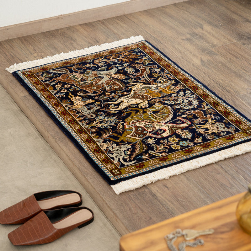 ペルシャ手織り絨毯　ウール　玄関マット　クム　64×86cm