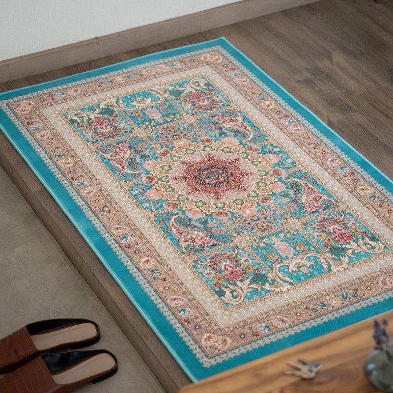 ペルシャカーペット玄関マット　ゴルザール柄　ブルー　75×120cm