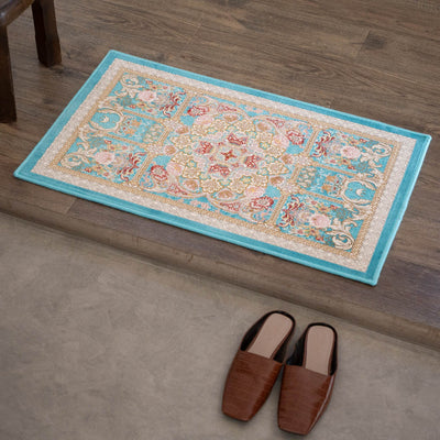 ペルシャカーペット玄関マット　ゴルザール柄　ブルー　50×80cm