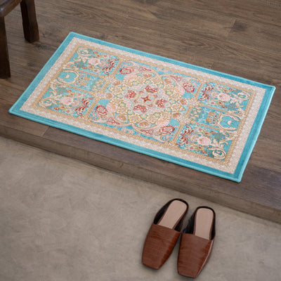 ペルシャカーペット玄関マット　ゴルザール柄　ブルー　50×80cm