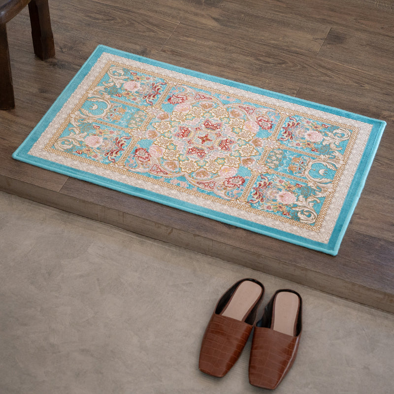 ペルシャカーペット玄関マット　ゴルザール柄　ブルー　50×80cm