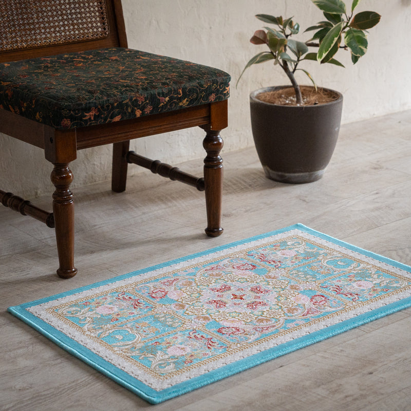 ペルシャカーペット玄関マット　ゴルザール柄　ブルー　50×80cm