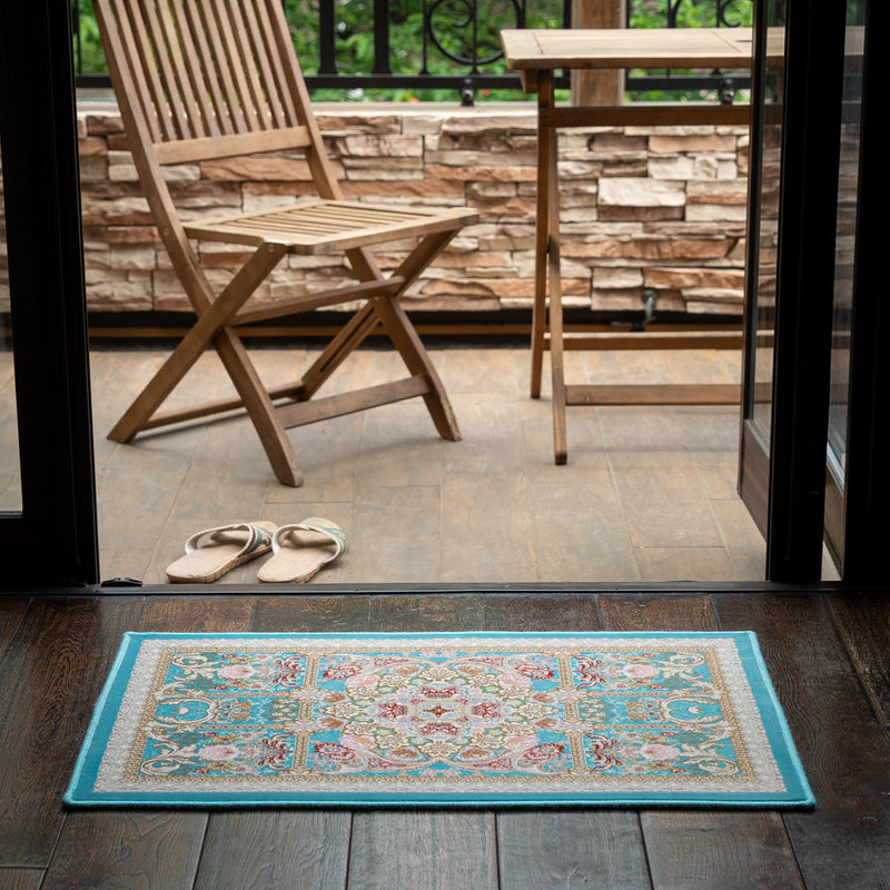 ペルシャカーペット玄関マット　ゴルザール柄　ブルー　50×80cm