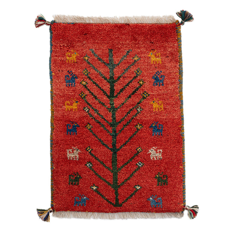 レッドのペルシャ手織りギャッベ絨毯40x60cmサイズ。商品写真