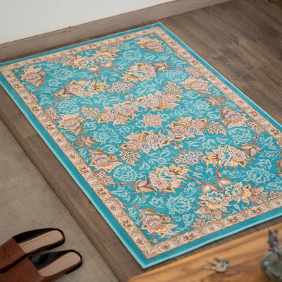 ペルシャカーペット玄関マット　ナスタラン柄　ブルー色　75×120cm