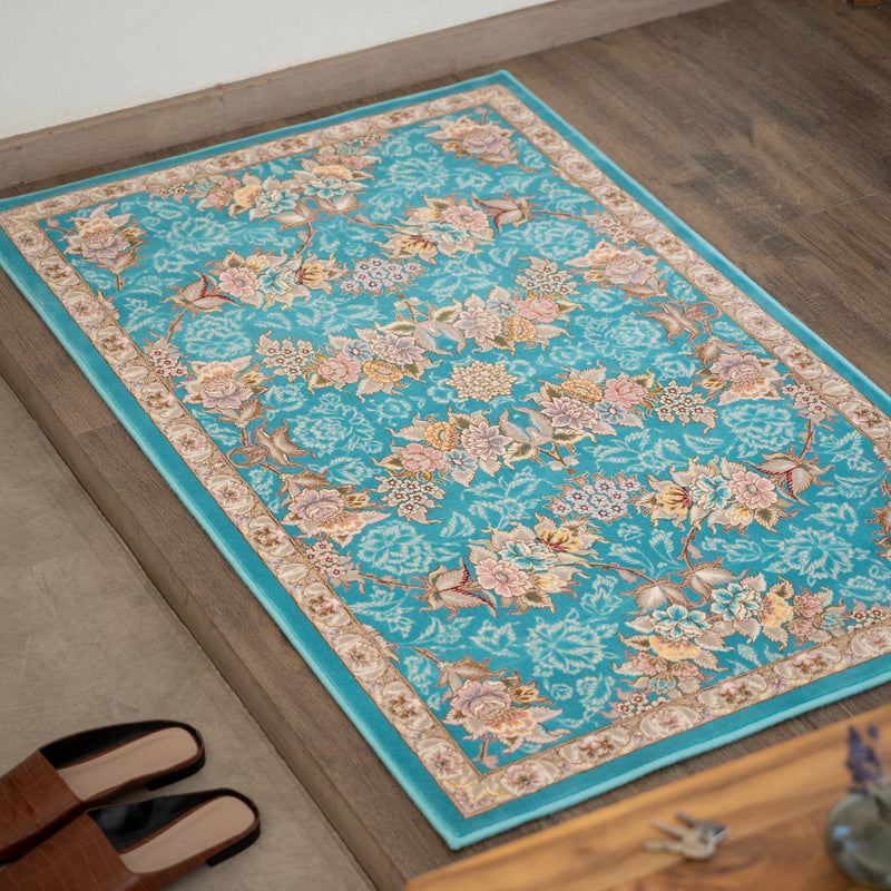 ペルシャカーペット玄関マット　ナスタラン柄　ブルー色　75×120cm