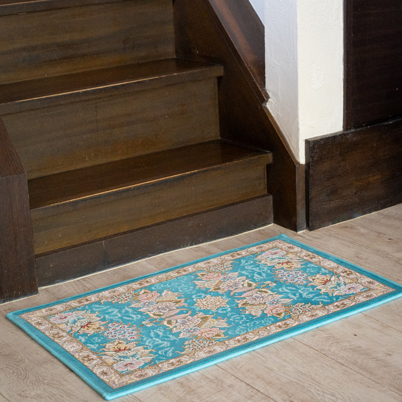 ペルシャカーペット玄関マット　ナスタラン柄　ブルー　50×80cm
