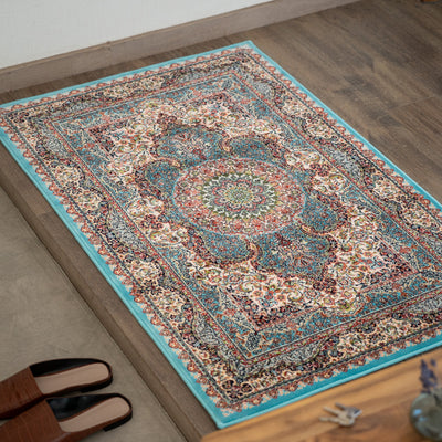ペルシャカーペット玄関マット　サーラール柄　ブルー色　75×120cm