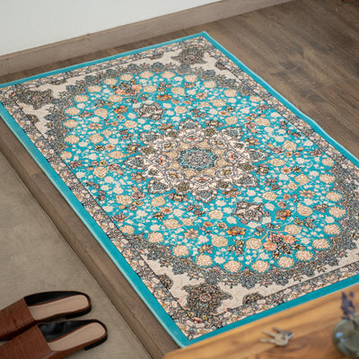 ペルシャカーペット玄関マット　スーザン柄　ブルー色　75×120cm