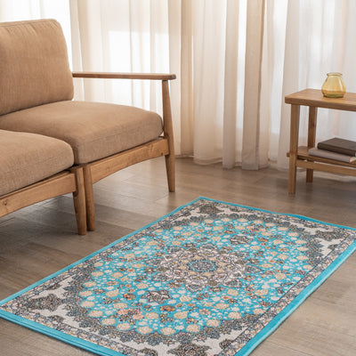 ペルシャカーペット玄関マット　スーザン柄　ブルー色　75×120cm