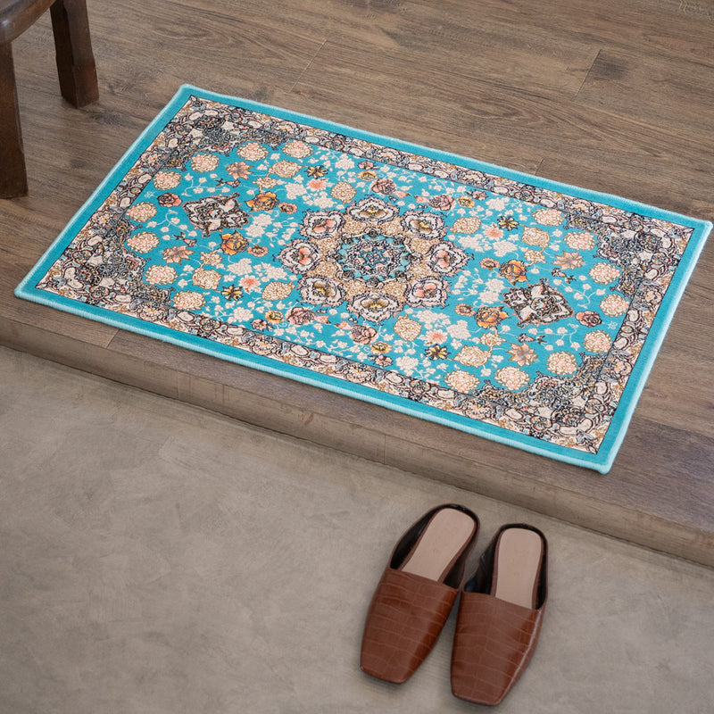ペルシャカーペット玄関マット　スーザン柄　ブルー　50×80cm