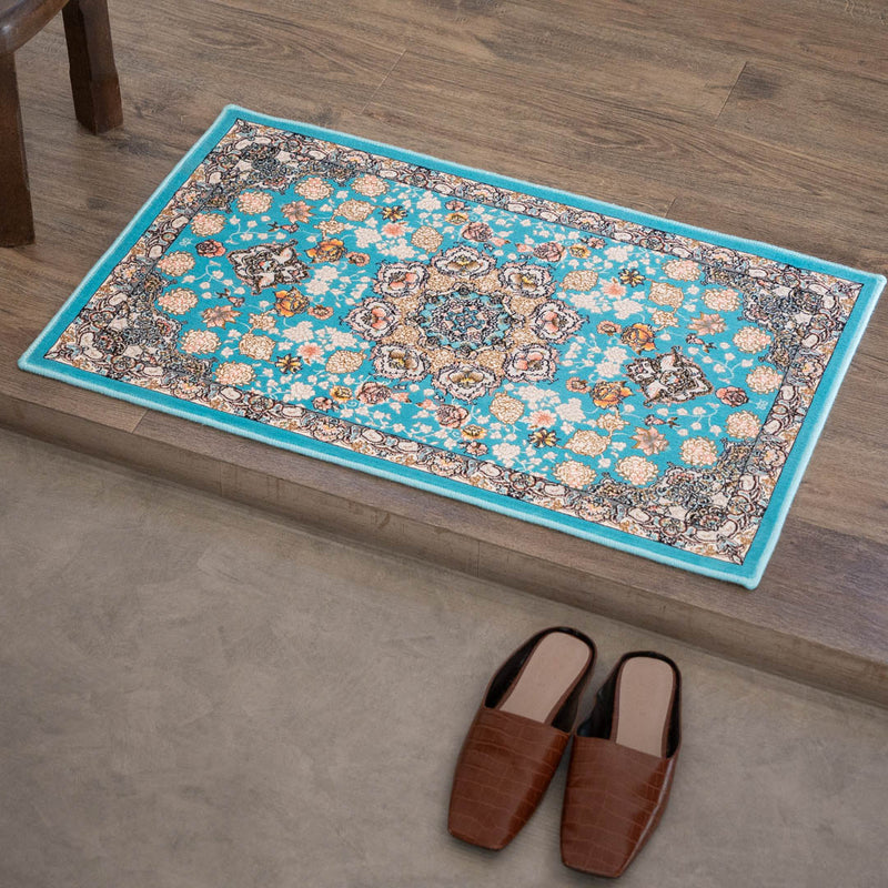 ペルシャカーペット玄関マット　スーザン柄　ブルー　50×80cm