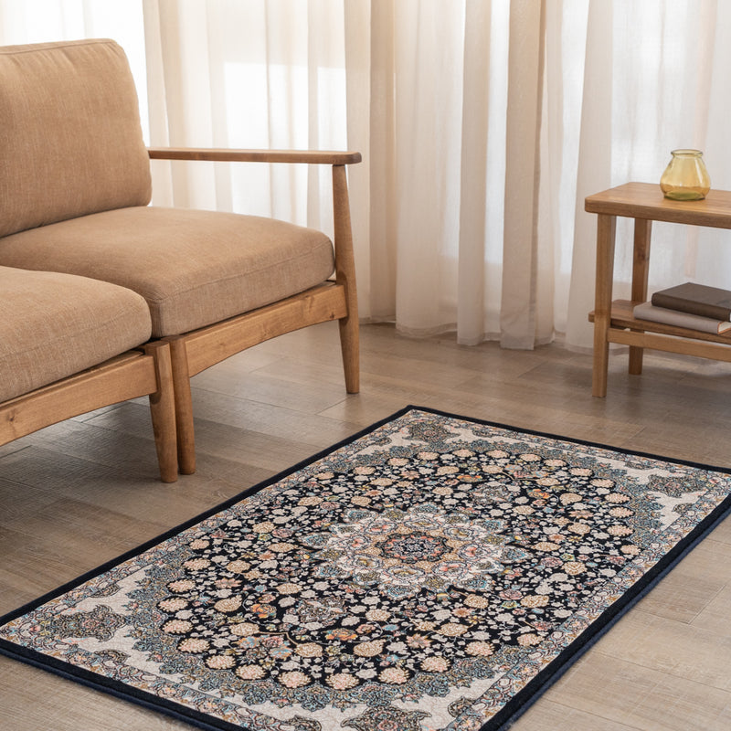 ペルシャカーペット玄関マット　スーザン柄　ネイビー色　75×120cm