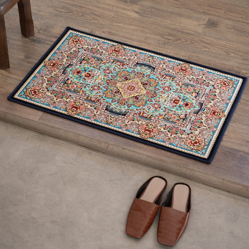 ペルシャカーペット玄関マット　トュウバ柄　ブルー　50×80cm