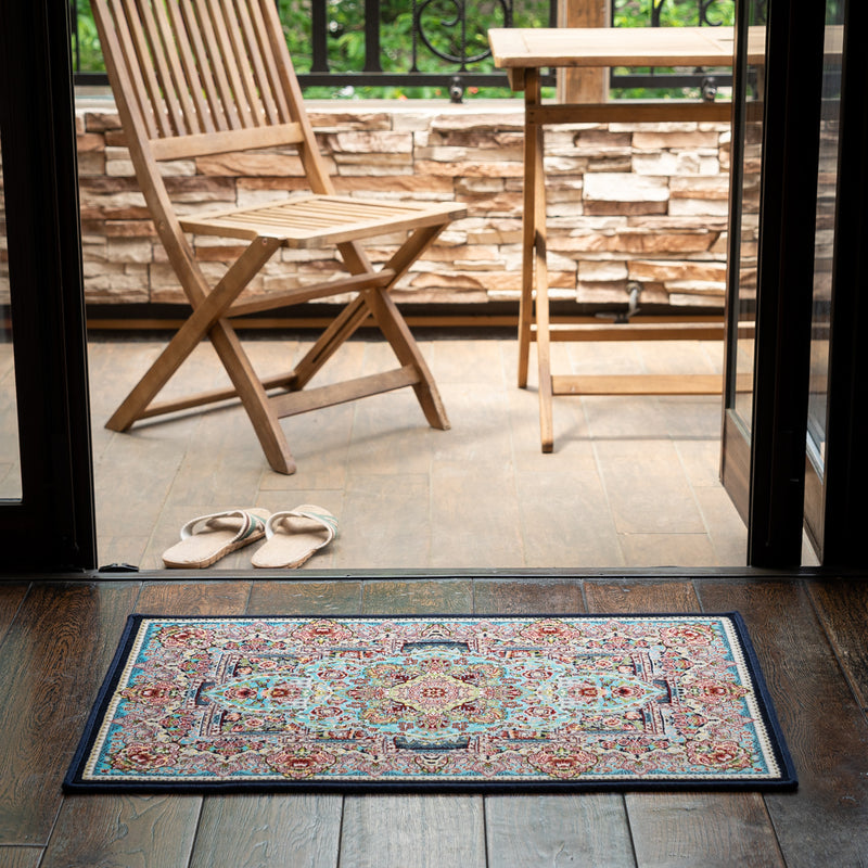 ペルシャカーペット玄関マット　トュウバ柄　ブルー　50×80cm