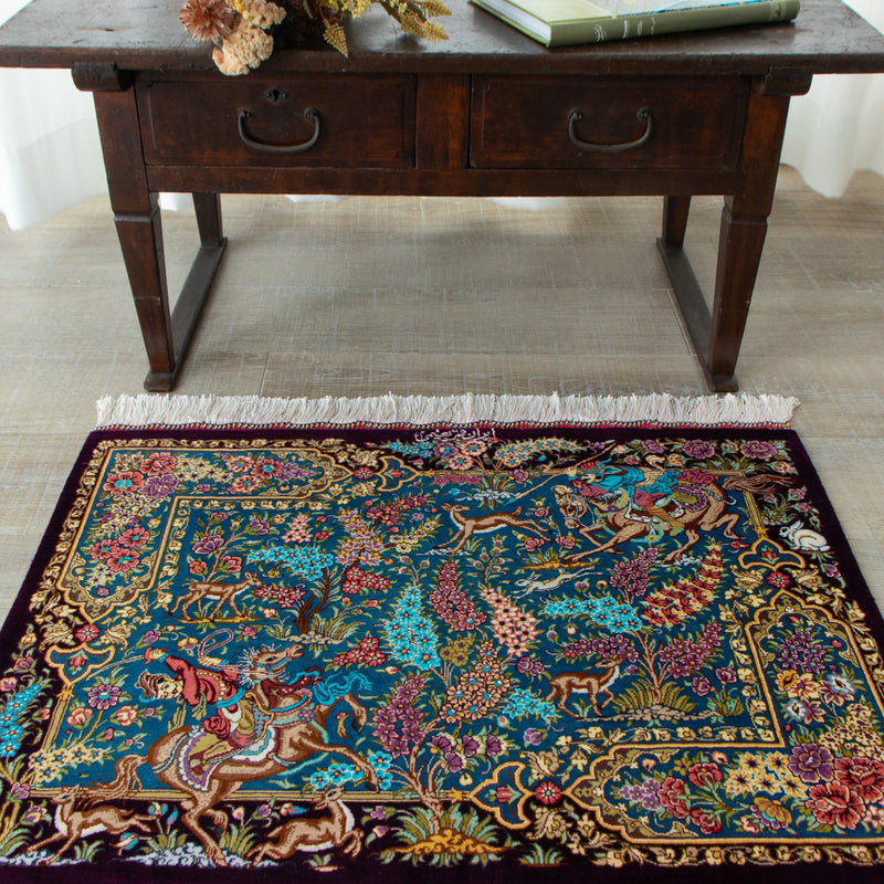 ペルシャ手織り絨毯　シルク　玄関マット　クム　49×67cm